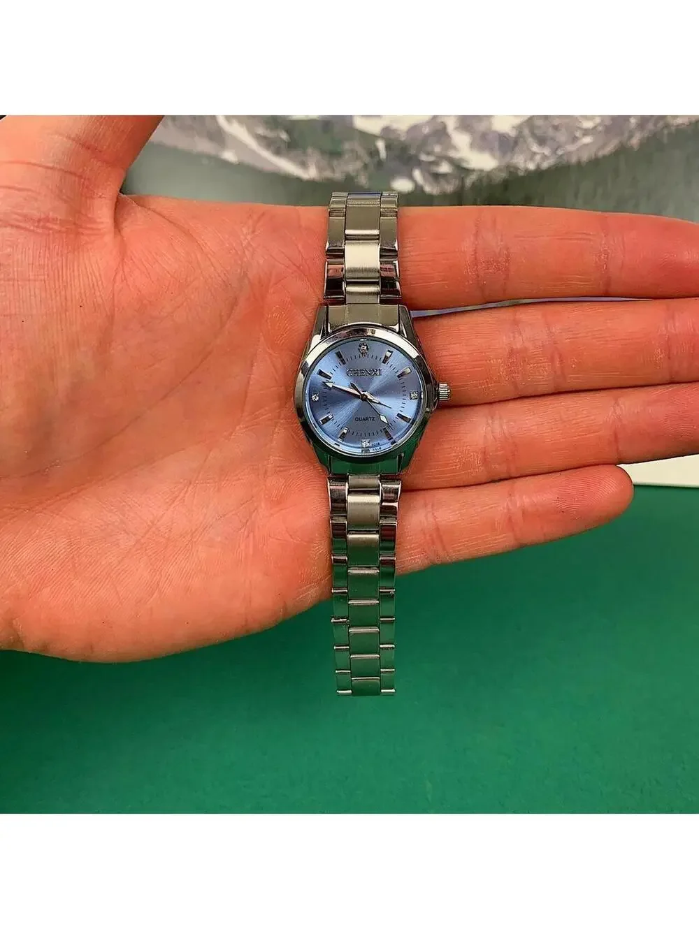 Silver Classy Quartz Round Light Blue Stainless Steel Watch. Stainless steel